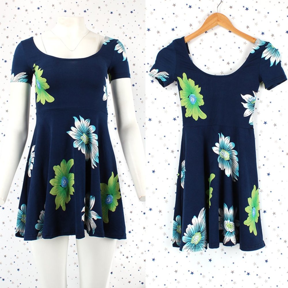 Floral Print Fit & Flare Skater Dress Navy